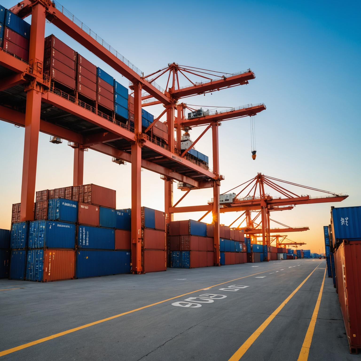 Container ship at busy international port terminal